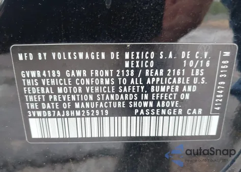 2017 Volkswagen Jetta 1.4T Se z USA, uszkodzony, nr VIN 3VWDB7AJ8HM252919